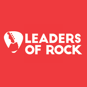 A red square with an image of a guitar pick and the words Leaders of Rock in white