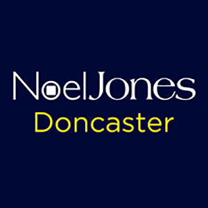Navy blue square with the words Noel Jones in white and the word Doncaster in yellow